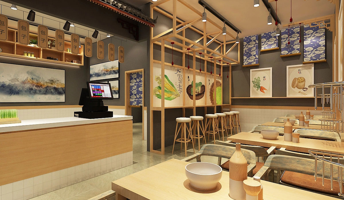 68平米新中式小籠包店鋪裝修設(shè)計效果圖