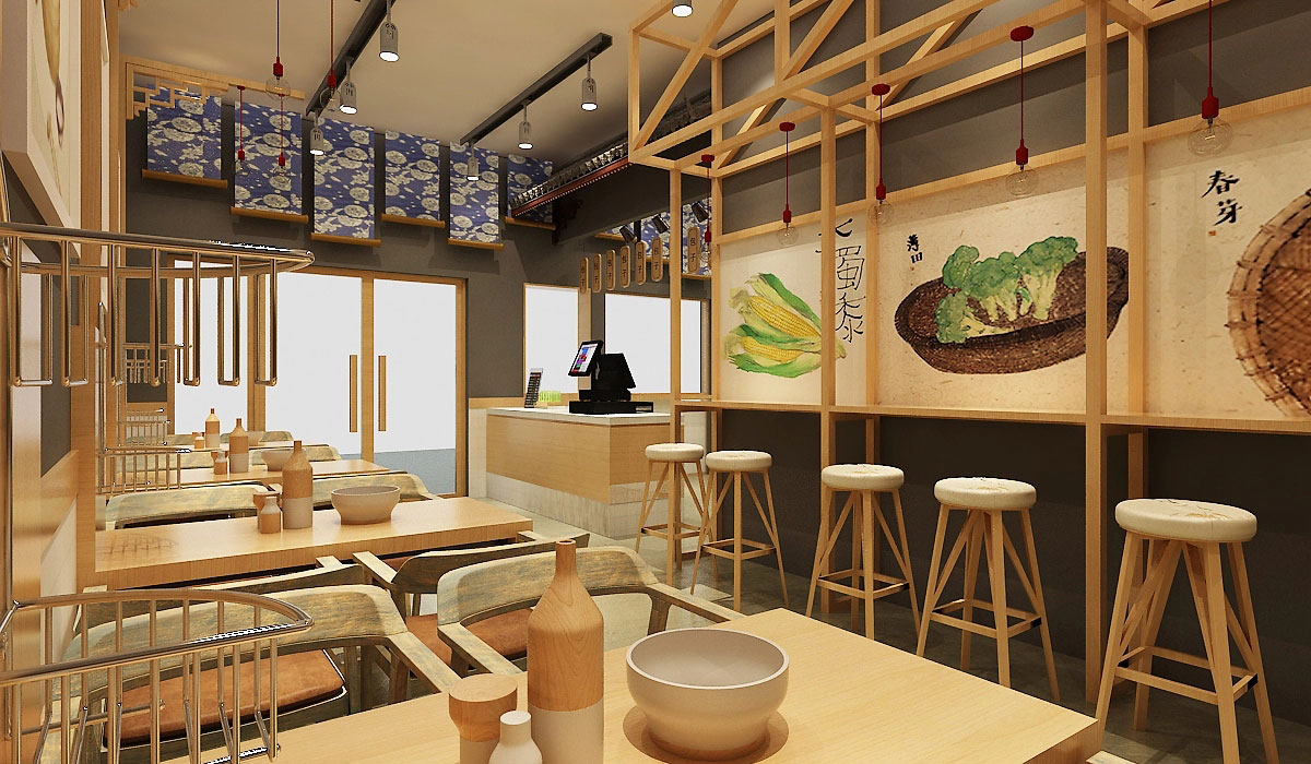 68平米新中式小籠包店鋪裝修設(shè)計效果圖