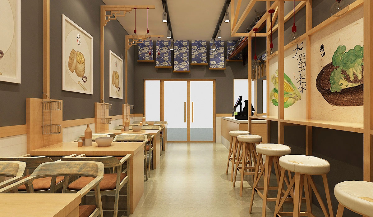 68平米新中式小籠包店鋪裝修設(shè)計效果圖