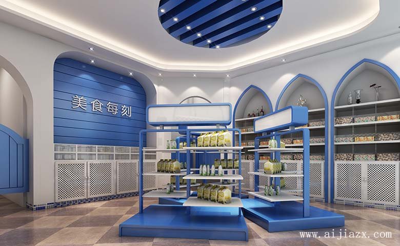 藍(lán)白色的食品專(zhuān)賣(mài)店鋪櫥窗區(qū)裝修效果圖